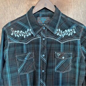 Cowgirl Hardware western embellished teal and brown shirt